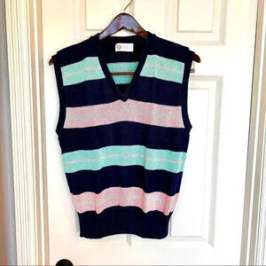 Aureus Vintage Mens Striped V-Neck Sweater Vest‎ Navy Pink Green Cotton Size M